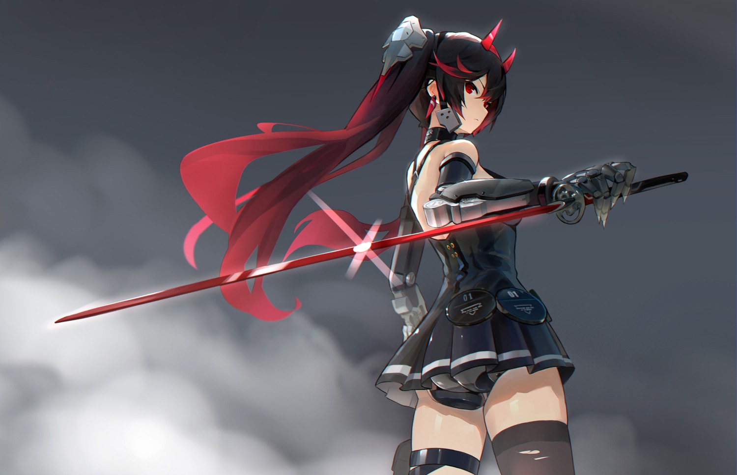 ass banxuan_c2ka dress garter horns lucia_(punishing:_gray_raven) mecha_musume pantsu punishing:_gray_raven sword thighhighs torn_clothes