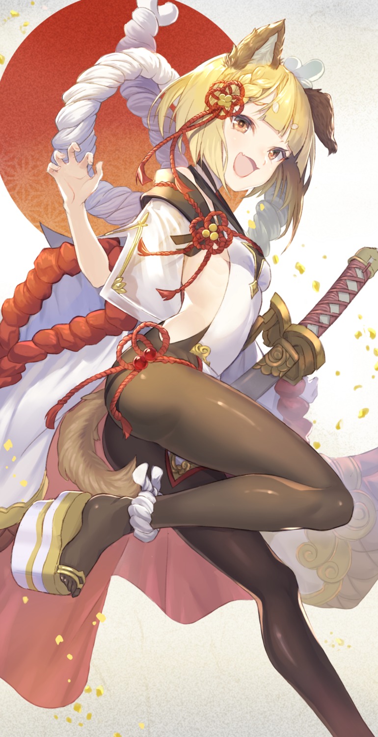 animal_ears ass gi_(melmail) granblue_fantasy inumimi no_bra pantyhose see_through sword tail vajra_(granblue_fantasy)