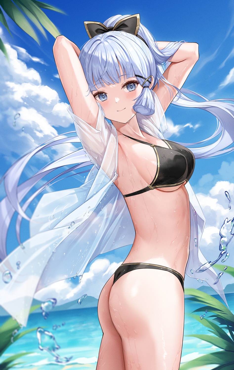 ass bikini genshin_impact kamisato_ayaka lunacle open_shirt see_through swimsuits thong wet wet_clothes