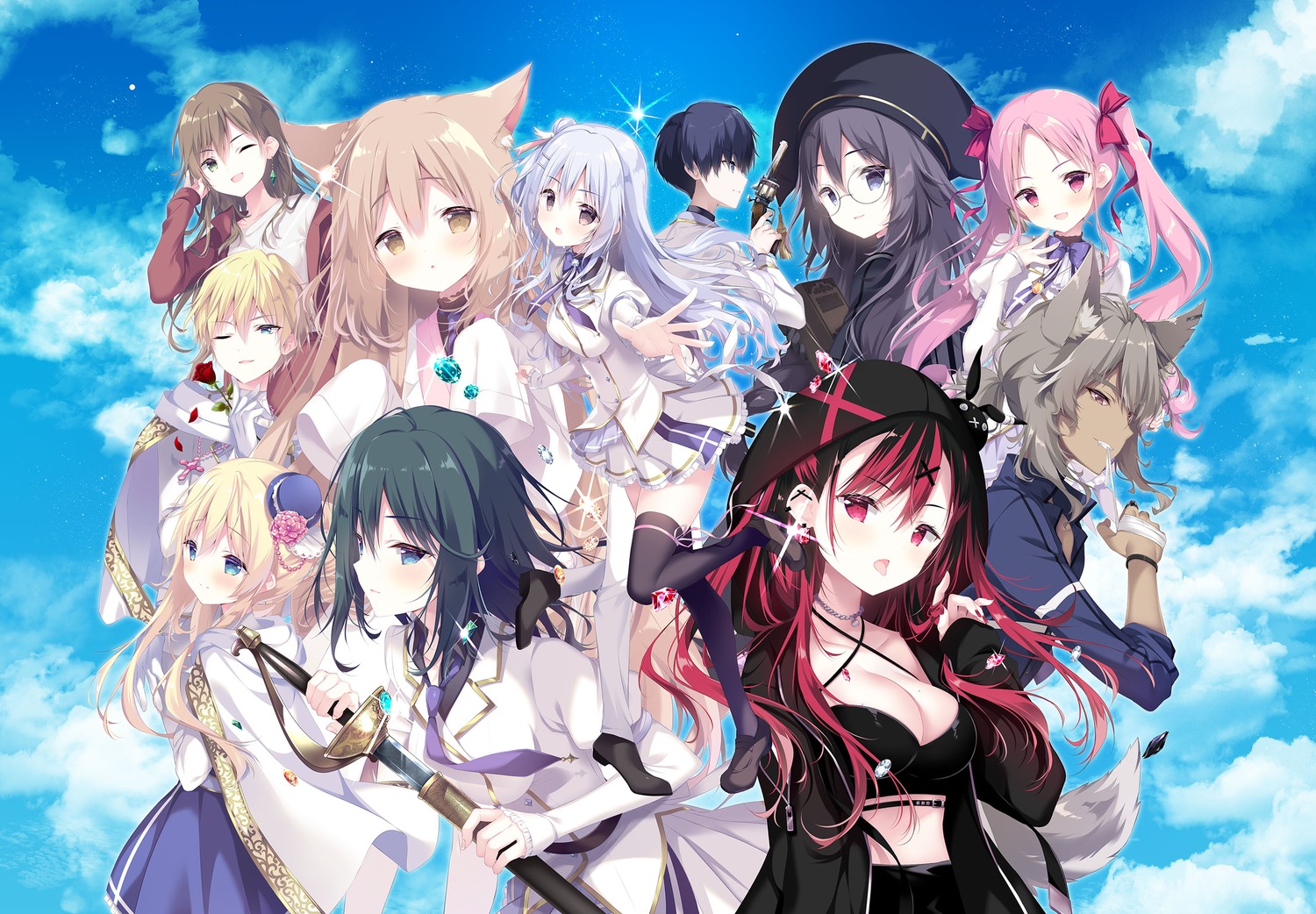 animal_ears arianna_heartbell bandages berka_triade bra cabbage_soft carla_sylvia_quinburn carolina_mclachlan charlotte_jerome garter gun gym_uniform heels jewelry_hearts_academia_-we_will_wing_wonder_world- mare_ashley-pecker markus_von_leonstein nekomimi noa_von_leonstein open_shirt ruby_(jewelry_hearts_academia) seifuku shiratama skirt_lift soma_jace sword thighhighs veo