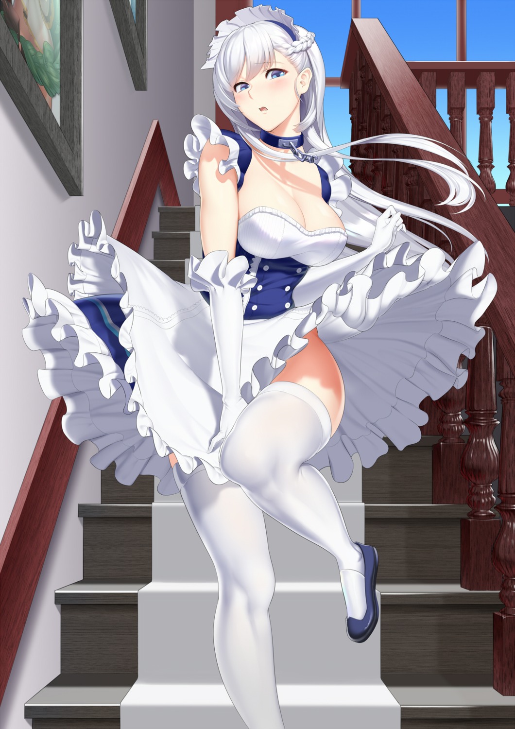 artist_revision azur_lane baiyin belfast_(azur_lane) cleavage maid nopan skirt_lift thighhighs