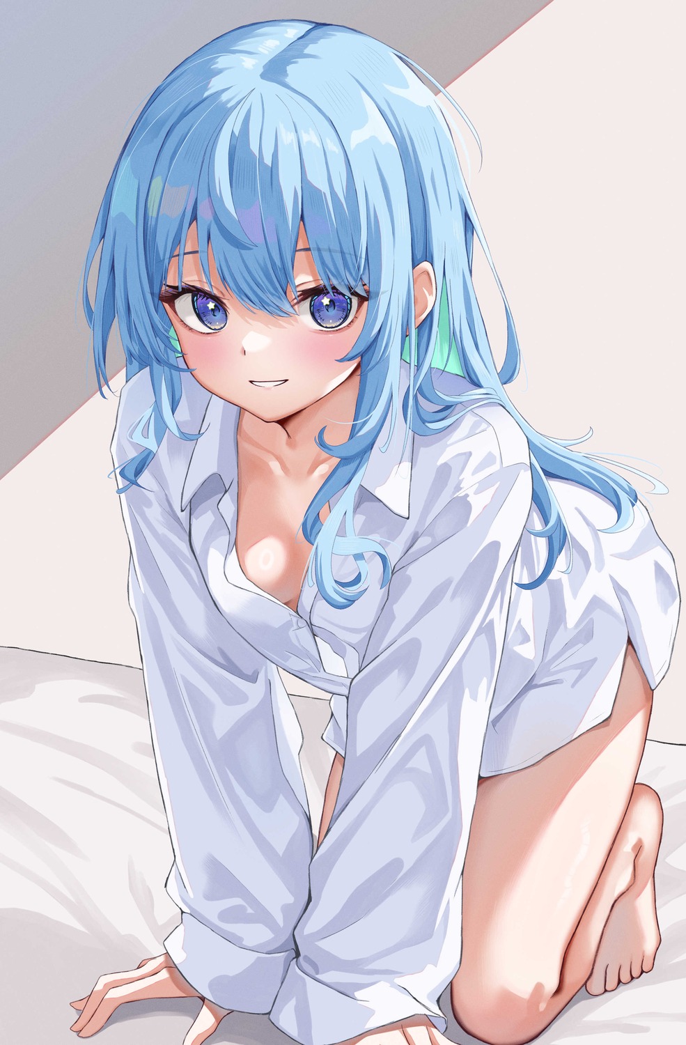 cleavage dress_shirt hololive hoshimachi_suisei no_bra o29sukizero open_shirt