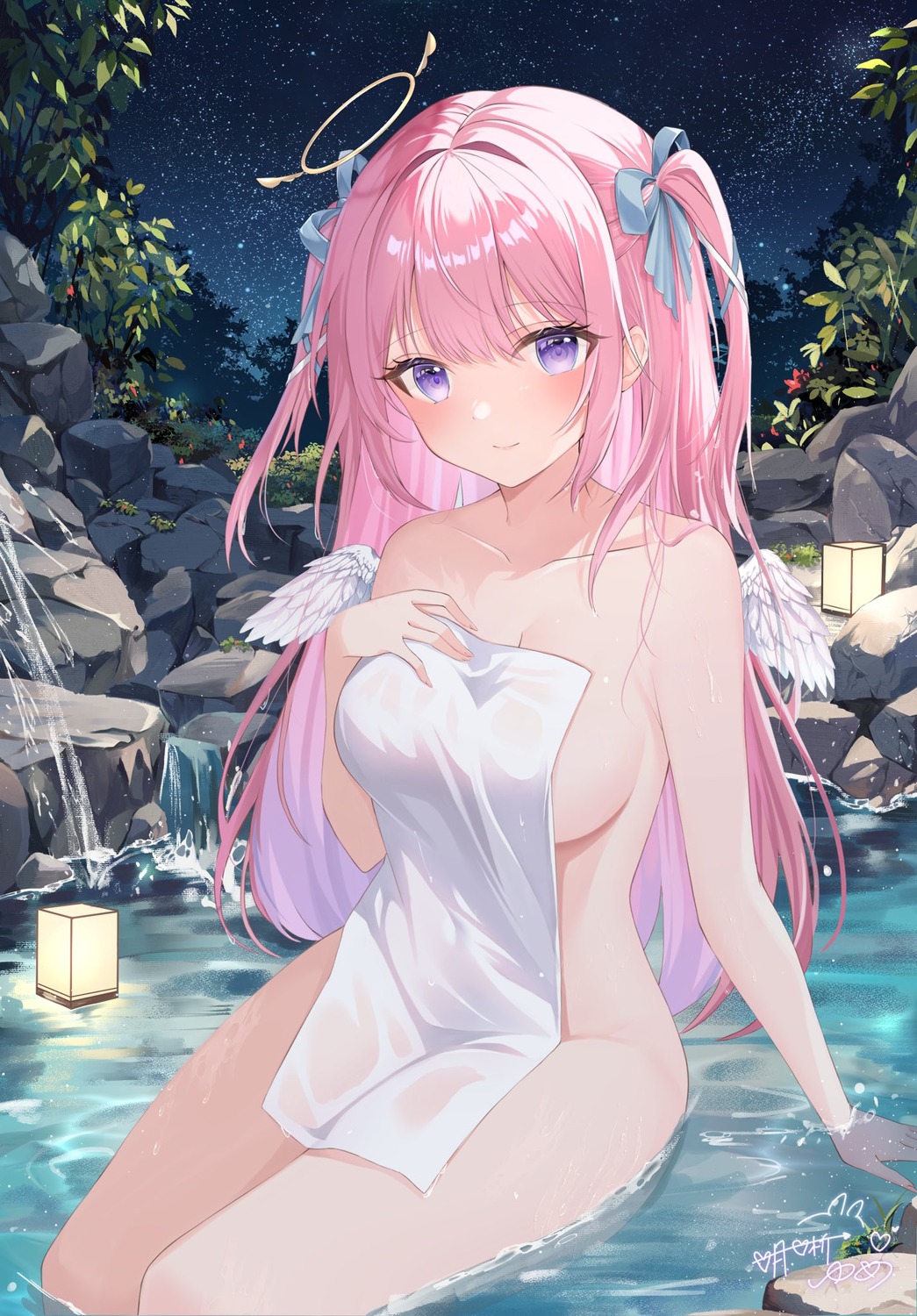 angel mashiro_mayu naked onsen see_through towel wet wings yumekoron