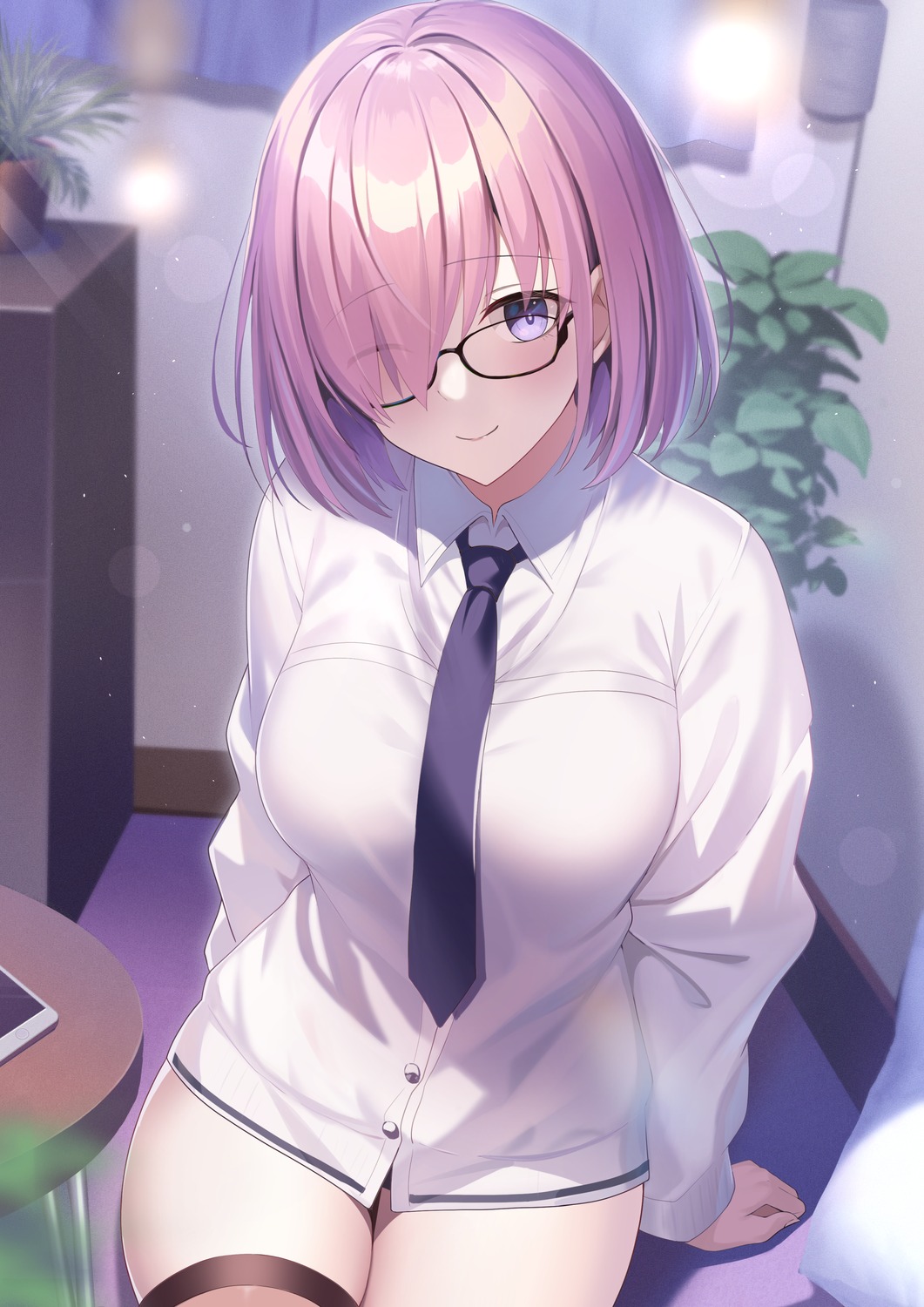 dress_shirt fate/grand_order mash_kyrielight megane mishiro_(ixtlolton) pantsu thighhighs