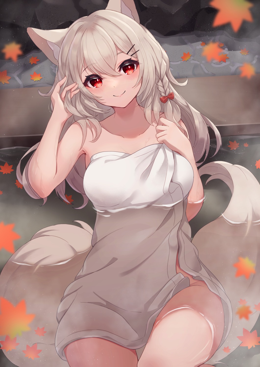 animal_ears bathing hinata_(pixiv53862745) naked onsen tail towel wet