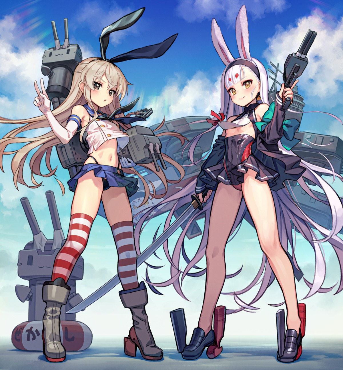 animal_ears azur_lane bunny_ears crossover gun heels kantai_collection kurobuta_gekkan no_bra pantsu rensouhou-chan seifuku shimakaze_(azur_lane) shimakaze_(kancolle) shirt_lift skirt_lift sword thighhighs underboob