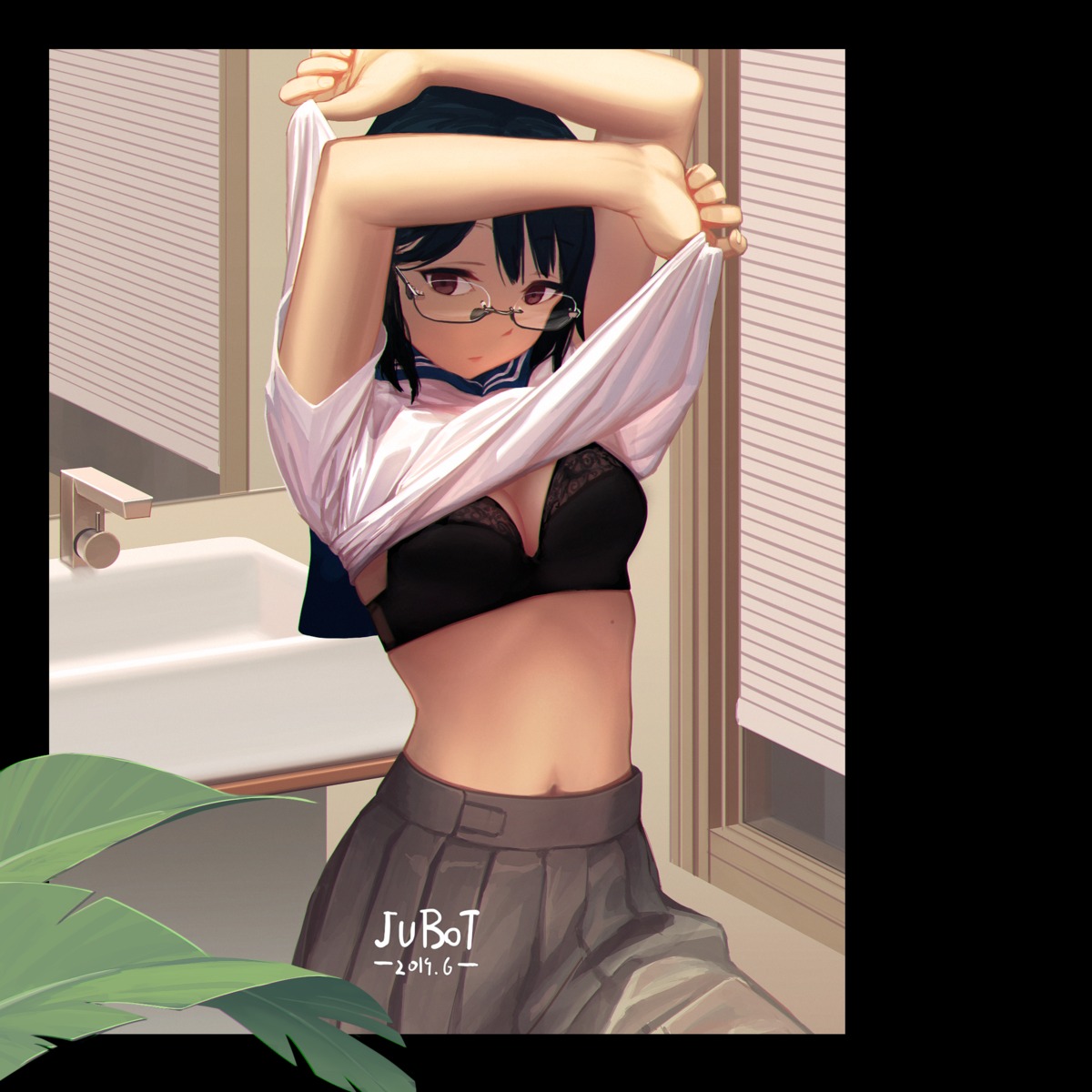 bottle7 bra cleavage megane seifuku shirt_lift undressing