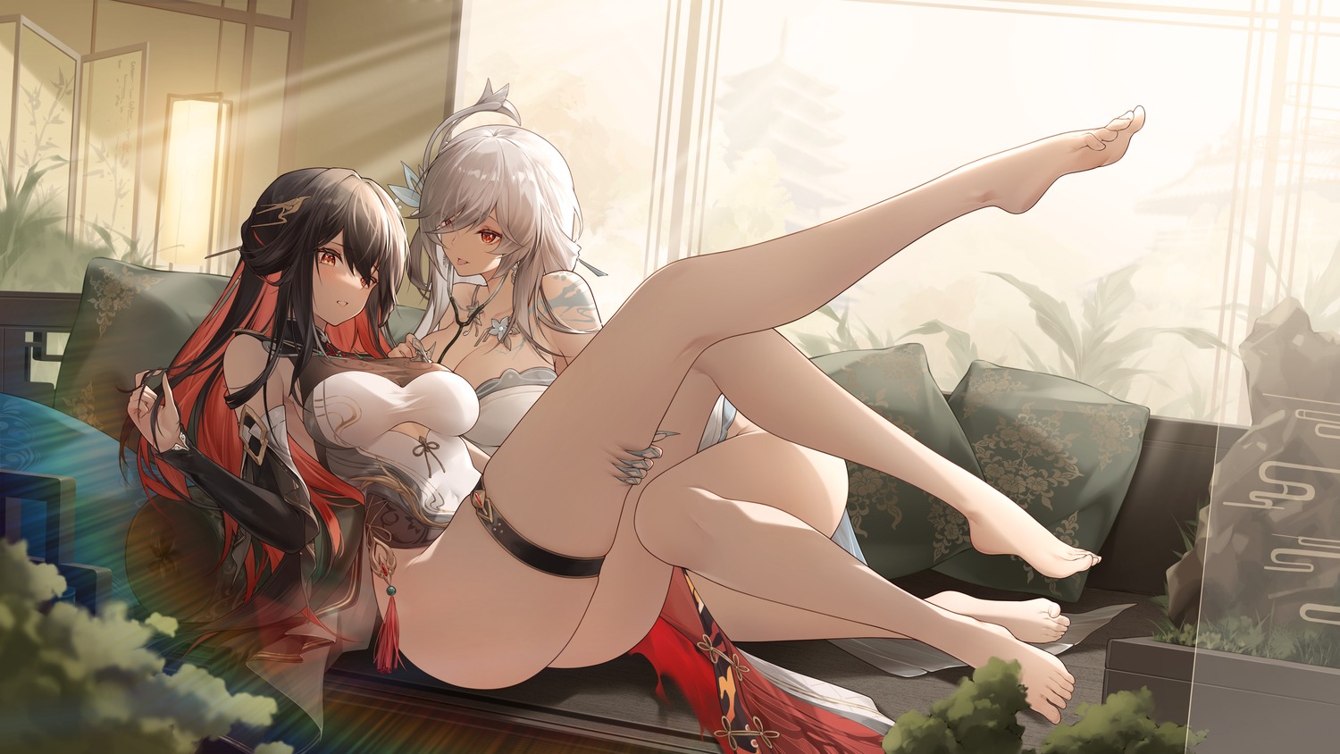 aether_gazer chinadress feet garter jiusan_naitan lingguang_(aether_gazer) no_bra nopan tattoo yuri