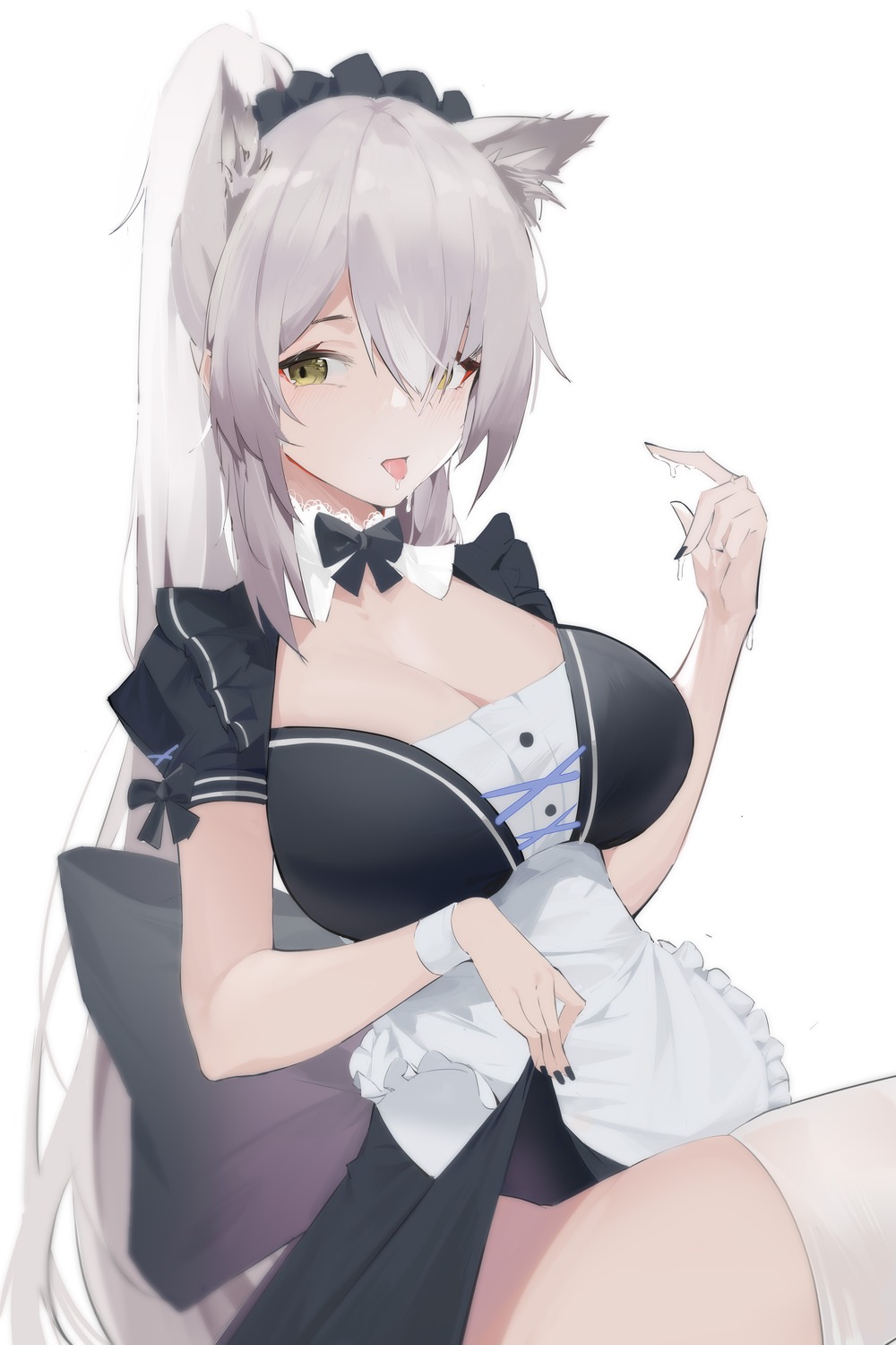 animal_ears arknights cleavage foorzzz maid nekomimi schwarz_(arknights) skirt_lift thighhighs