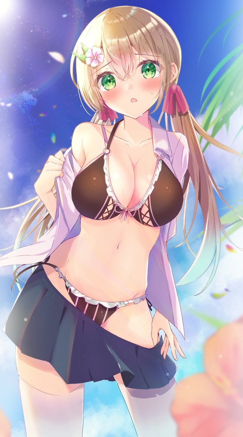 aonu_koru bikini open_shirt seifuku swimsuits thighhighs undressing