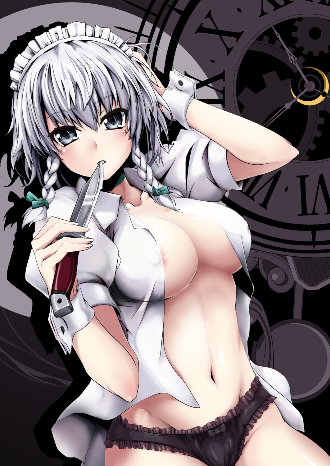 areola cleavage erect_nipples hebata izayoi_sakuya no_bra open_shirt pantsu touhou