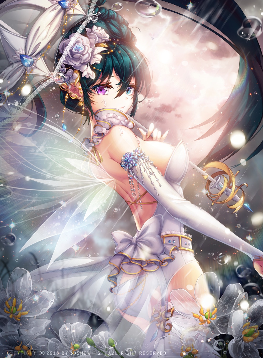 heterochromia no_bra pantsu pointy_ears see_through snow_is stockings thighhighs umbrella wings