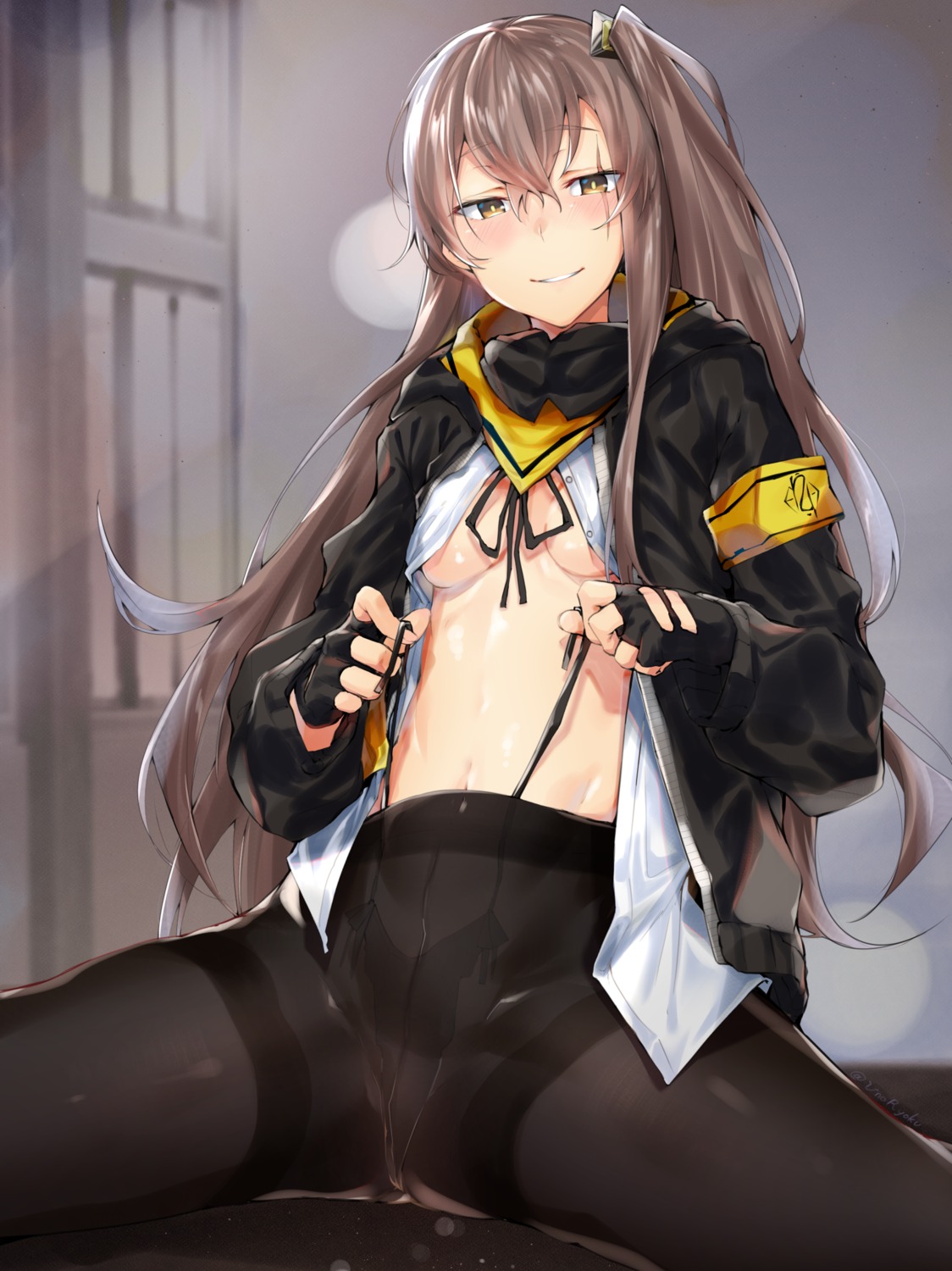 girls_frontline no_bra open_shirt pantsu panty_pull pantyhose see_through string_panties thong ump45_(girls_frontline) undressing uno_ryoku