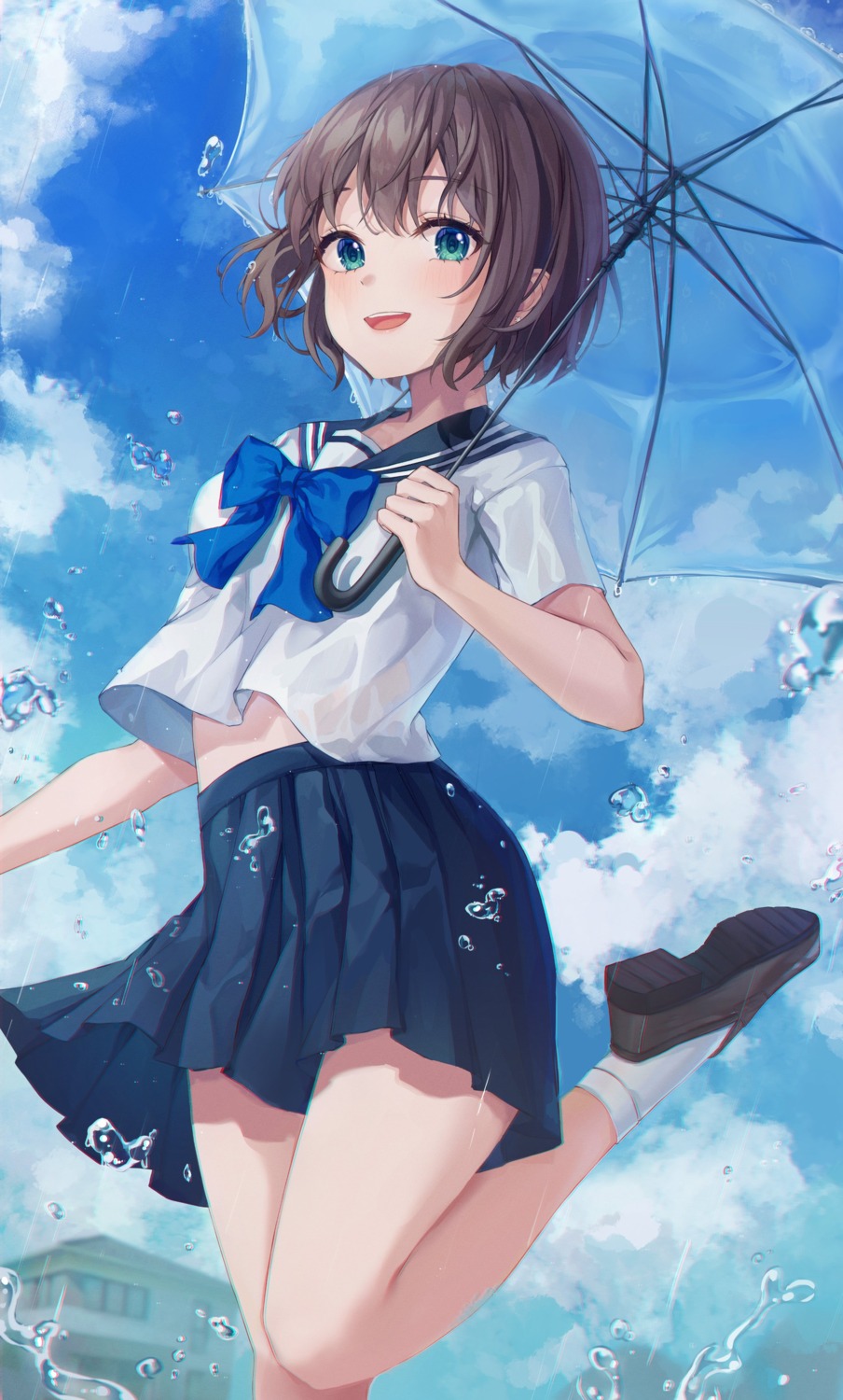 eun_yoo see_through seifuku shirt_lift skirt_lift umbrella wet wet_clothes