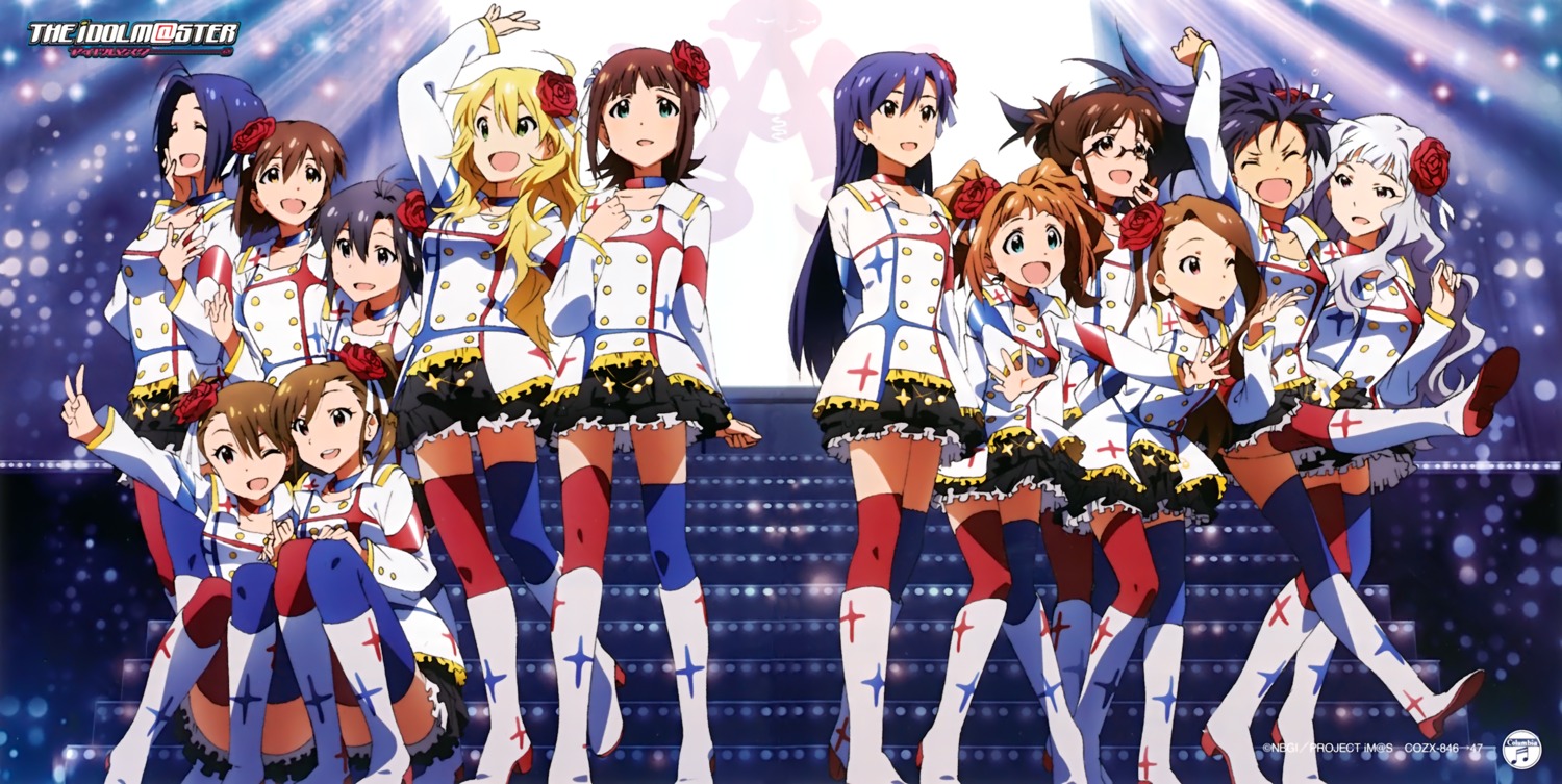 akizuki_ritsuko amami_haruka disc_cover futami_ami futami_mami ganaha_hibiki hagiwara_yukiho hoshii_miki kikuchi_makoto kisaragi_chihaya minase_iori miura_azusa rose shijou_takane takatsuki_yayoi the_idolm@ster thighhighs uniform