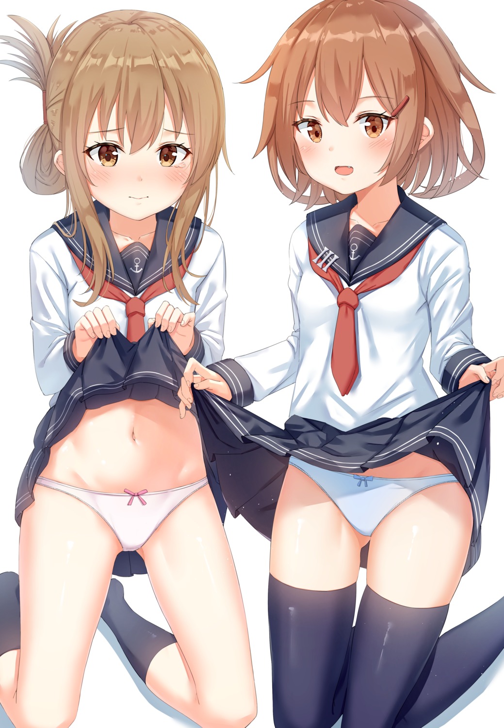 ikazuchi_(kancolle) inazuma_(kancolle) kantai_collection loli pantsu seifuku skirt_lift thighhighs xue_lu