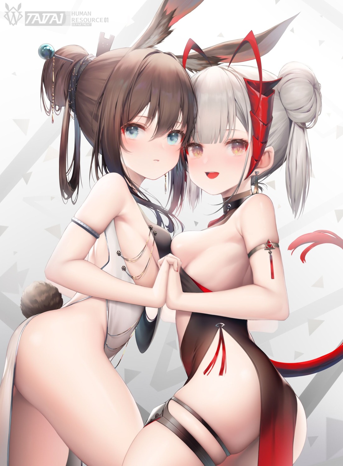 amiya_(arknights) animal_ears arknights ass bunny_ears chinadress garter horns no_bra nopan symmetrical_docking tail taitai w_(arknights)