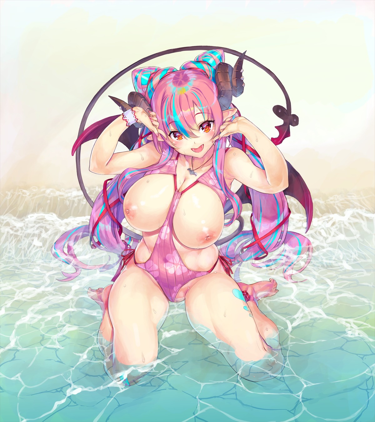 breasts devil horns indie_virtual_youtuber nakajima_pepero nipples ore_p_1gou pointy_ears pubic_hair swimsuits tail wet wings