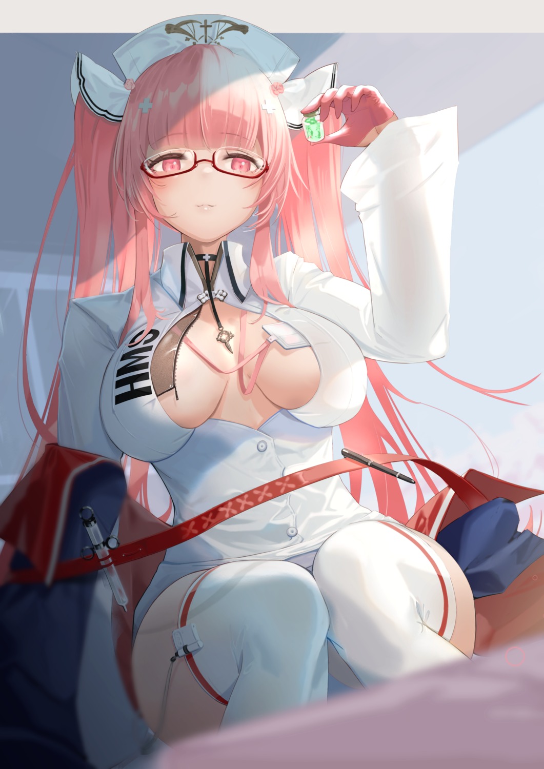 azur_lane megane no_bra nurse perseus_(azur_lane) sankyo_(821-scoville) stockings thighhighs