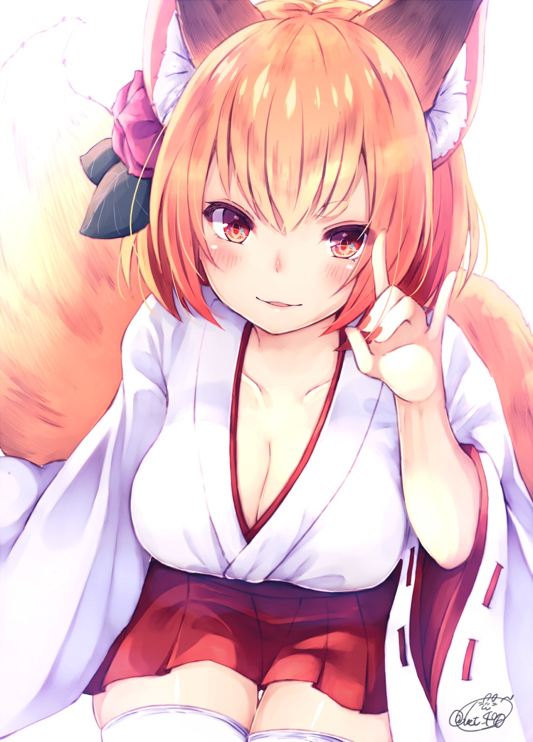 animal_ears chita_(ketchup) cleavage miko tail thighhighs