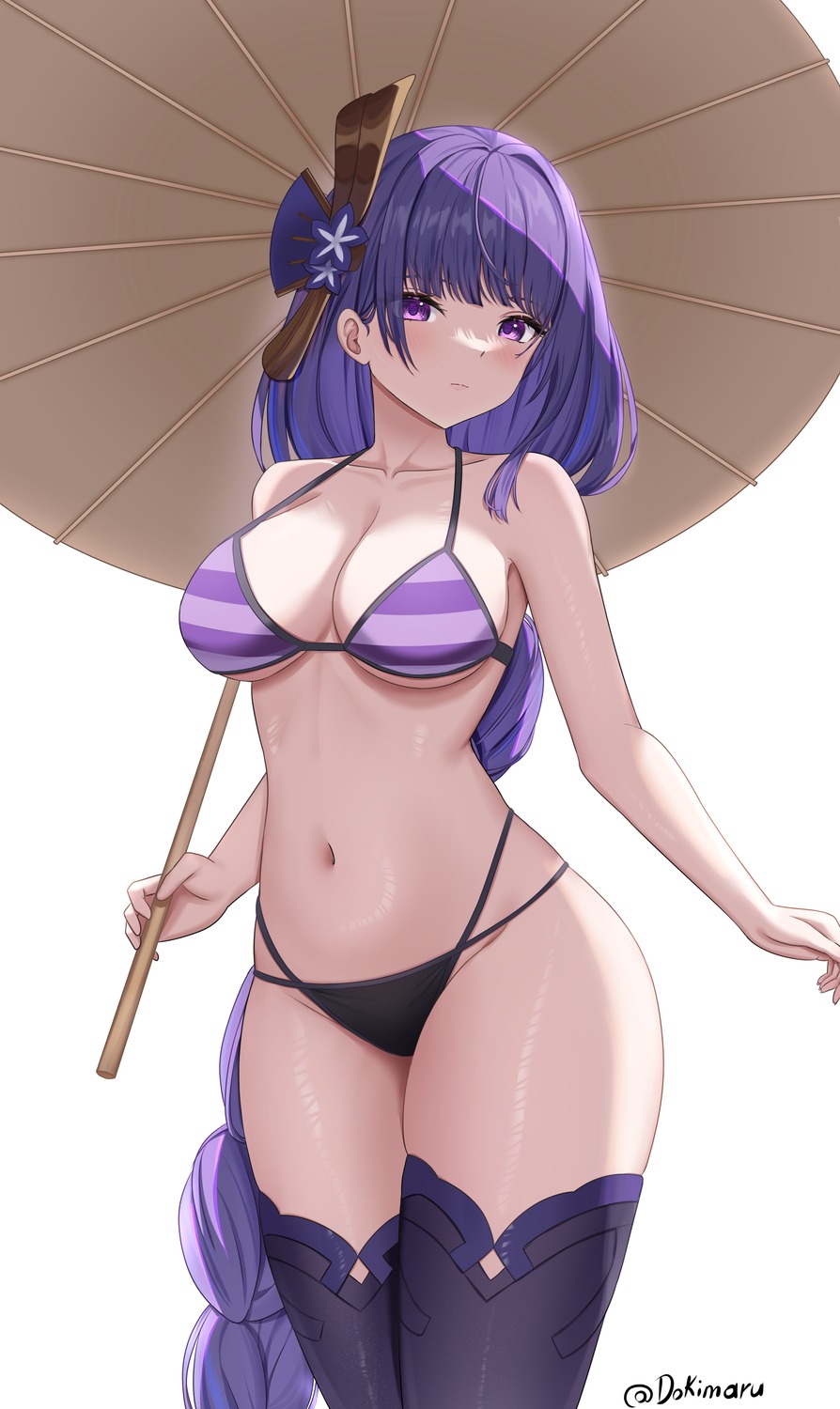 bikini dokimaru genshin_impact raiden_shogun swimsuits thighhighs umbrella