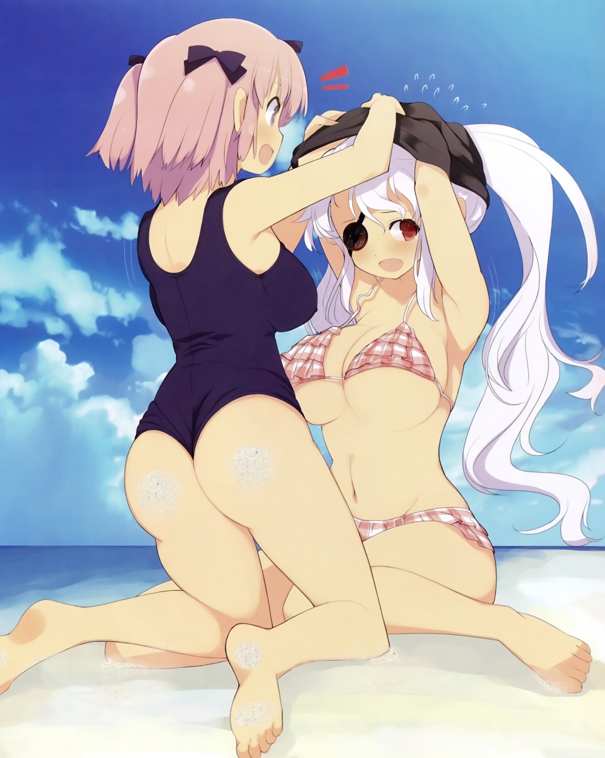 ass bikini cleavage erect_nipples eyepatch hibari_(senran_kagura) school_swimsuit senran_kagura shirt_lift swimsuits underboob undressing yaegashi_nan yagyuu