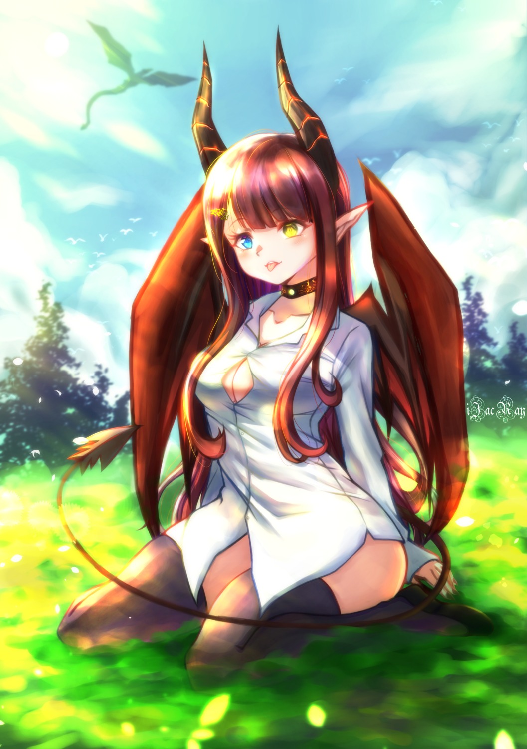 cleavage dress_shirt heterochromia horns ijac_ray monster_girl pointy_ears tail thighhighs wings