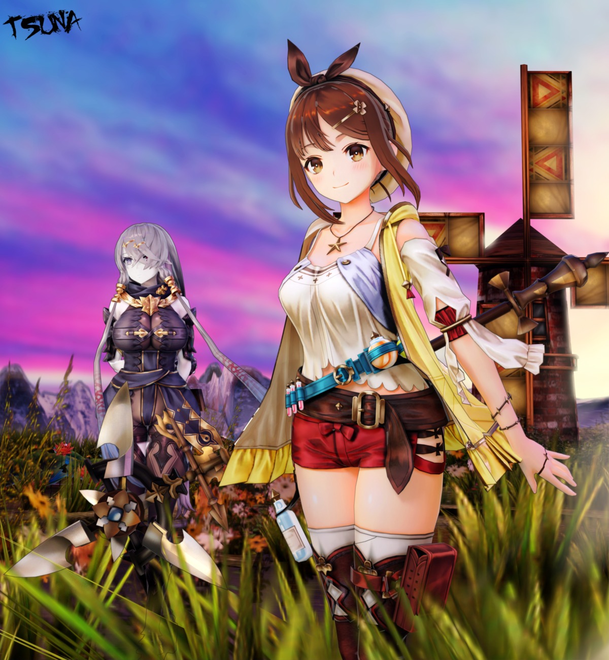 armor atelier atelier_ryza bodysuit cleavage lila_decyrus pantsu reisalin_stout saskeni thighhighs weapon