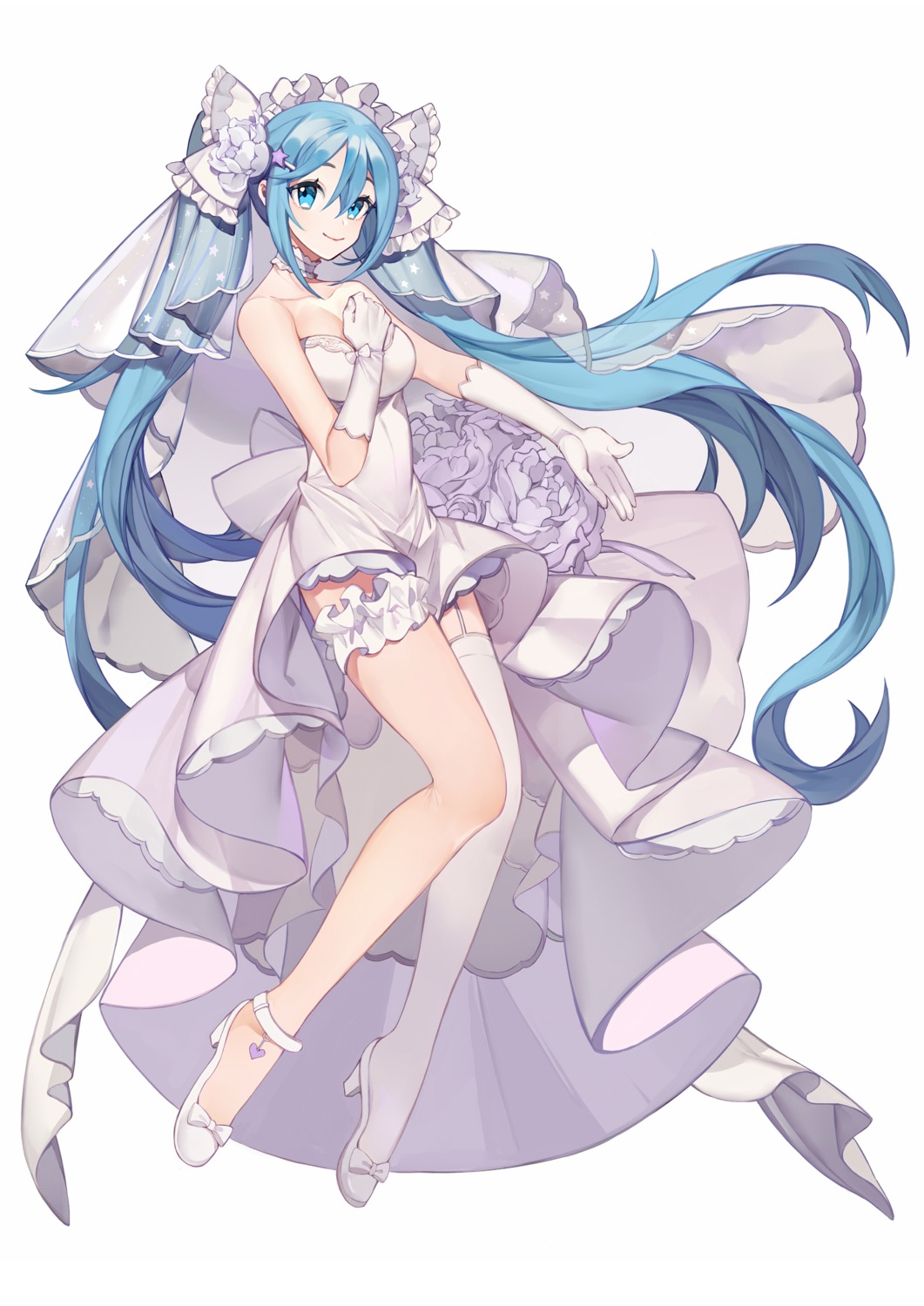 breast_hold cleavage dress garter hatsune_miku heels skirt_lift stockings thighhighs vocaloid wedding_dress yayako_(804907150)