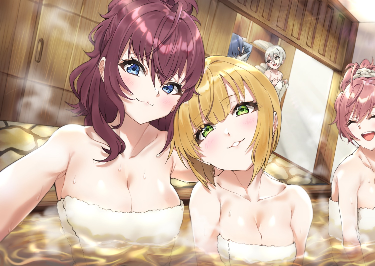 applepie_(12711019) bathing hayami_kanade ichinose_shiki jougasaki_rika miyamoto_frederica onsen shiomi_shuuko the_idolm@ster the_idolm@ster_cinderella_girls towel undressing wet