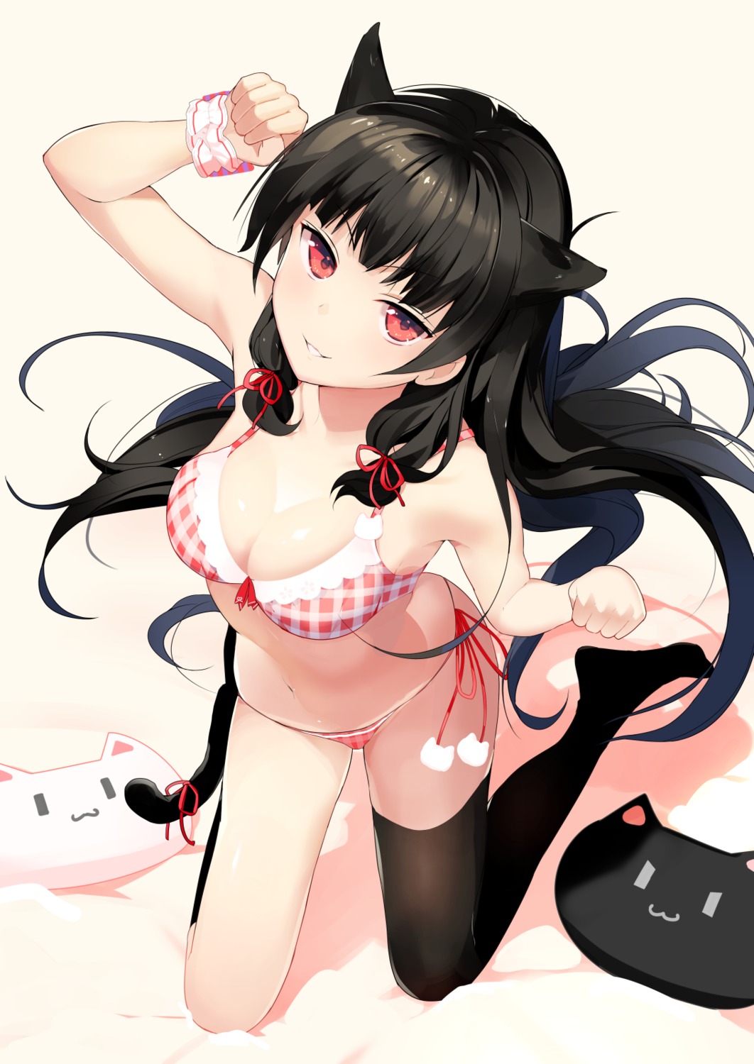 animal_ears bra cleavage isokaze_(kancolle) kantai_collection nanotaro nekomimi pantsu string_panties tail thighhighs