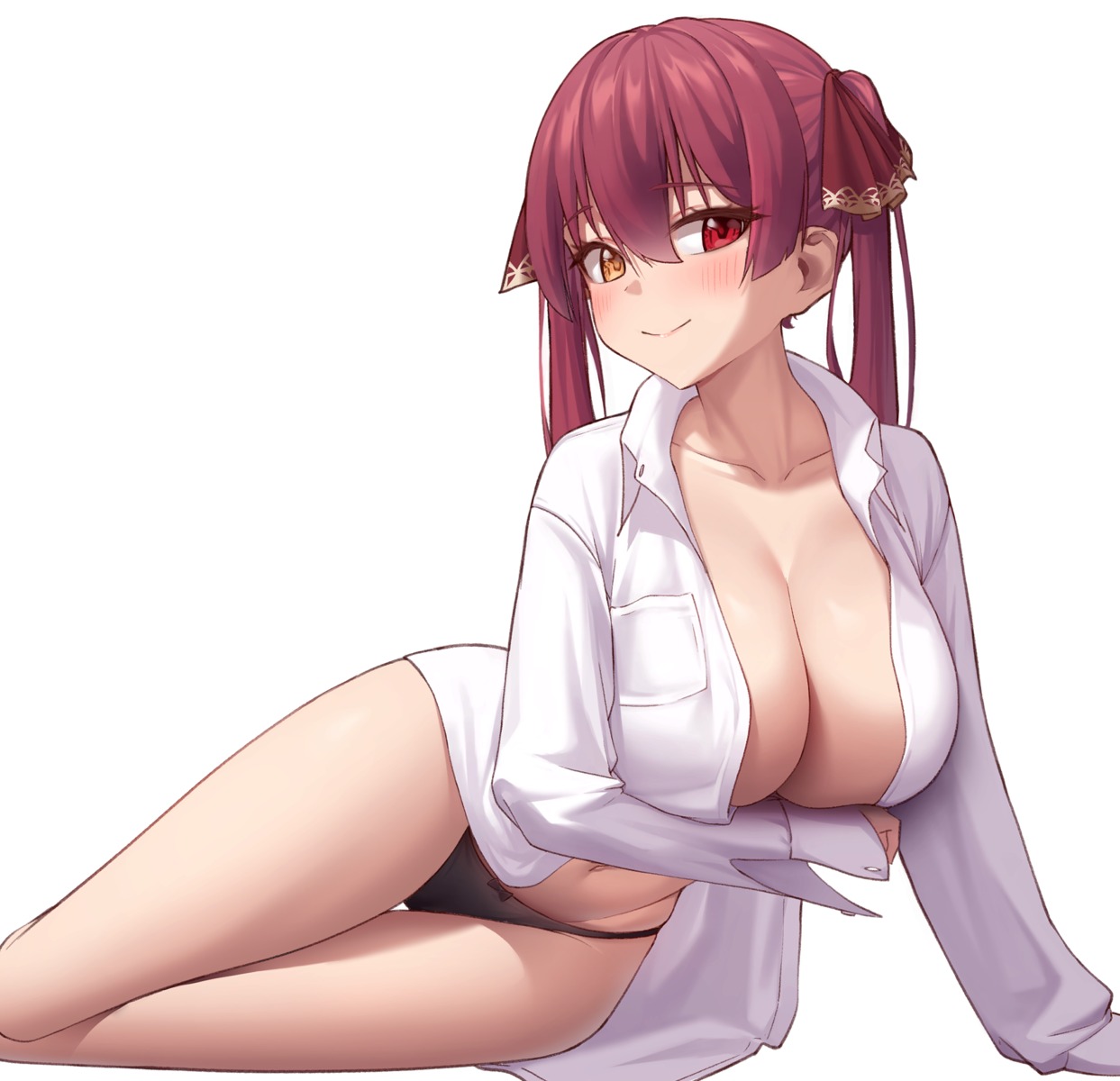 dress_shirt heterochromia hololive houshou_marine laan_(0110) no_bra open_shirt pantsu