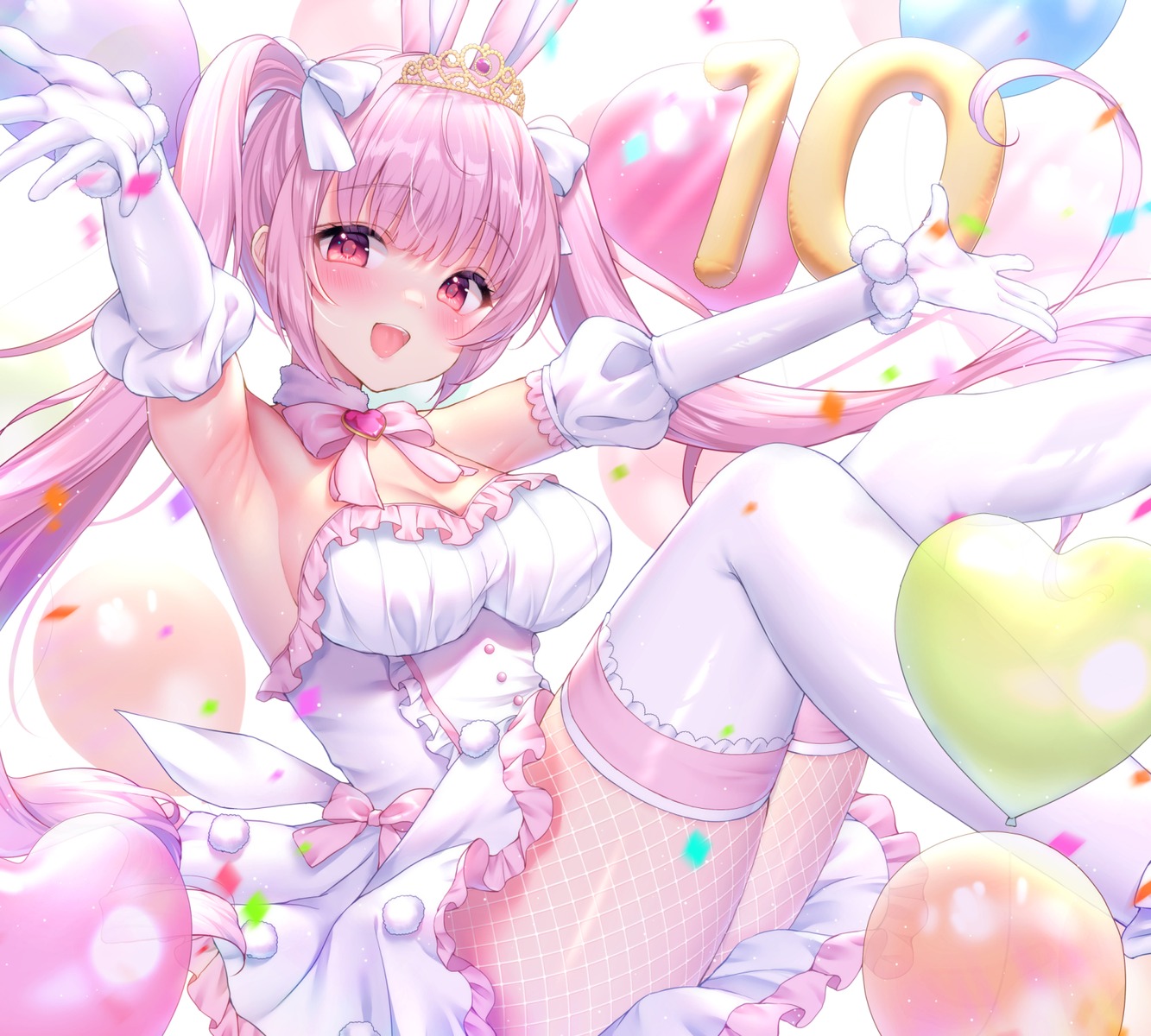 animal_ears bunny_ears dress fishnets skirt_lift thighhighs yuyuko_(yuyucocco)