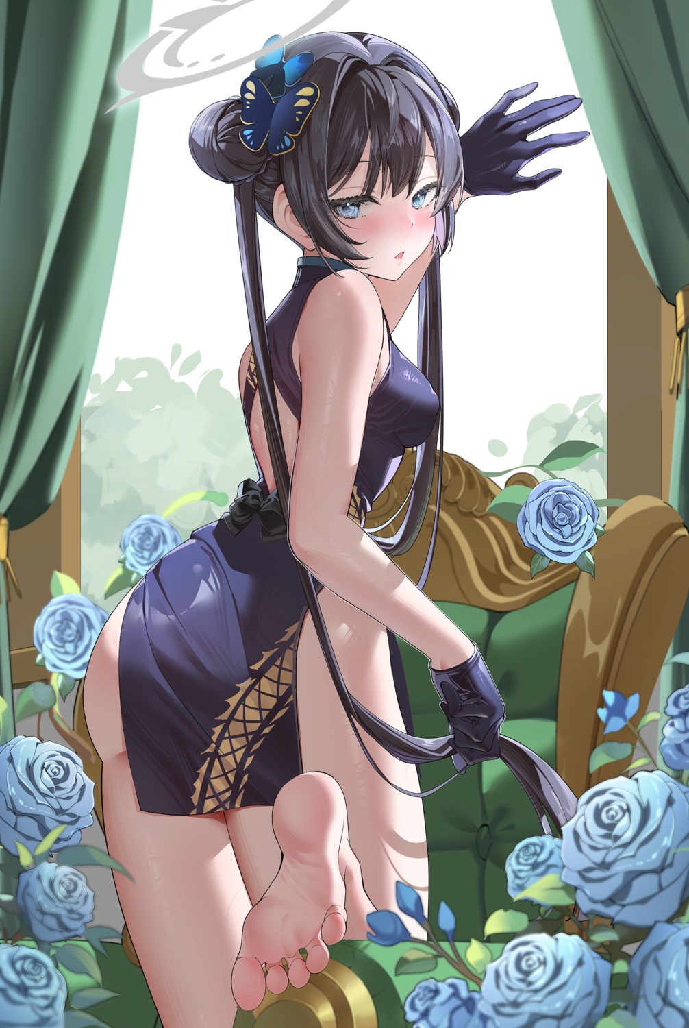 artist_revision ass blue_archive chinadress feet halo kururu_(qqqqq59508750) loli no_bra ryuuge_kisaki