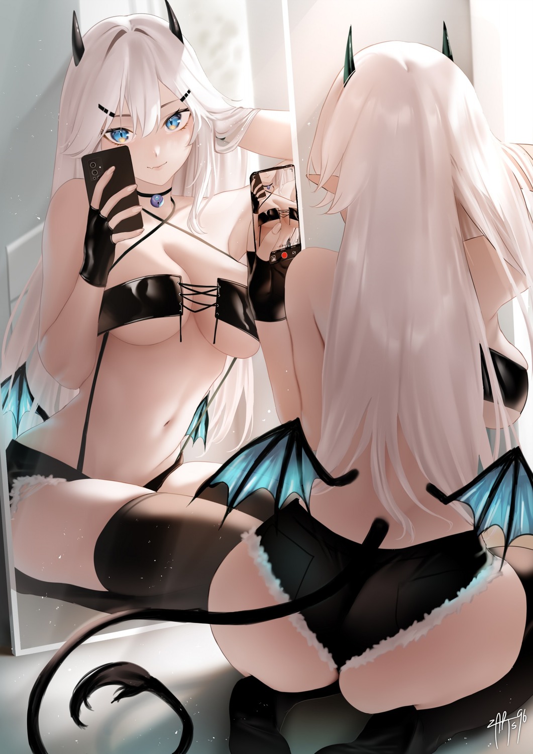 ass horns no_bra selfie tail thighhighs veibae vshojo wings zasshu