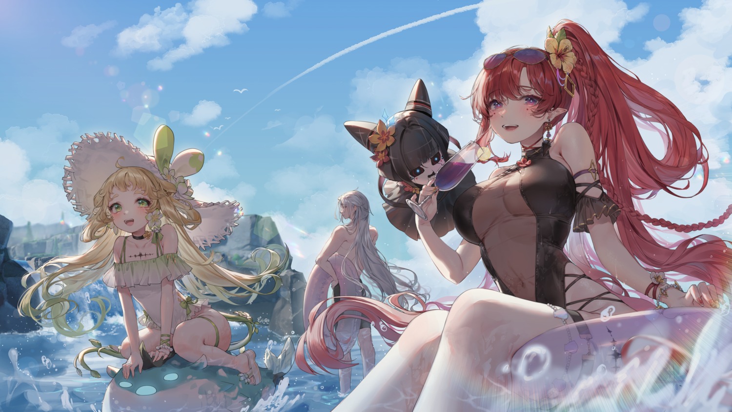 calcharo garter loli megane pointy_ears see_through shiro_albino swimsuits tattoo verina wet wuthering_waves yinlin