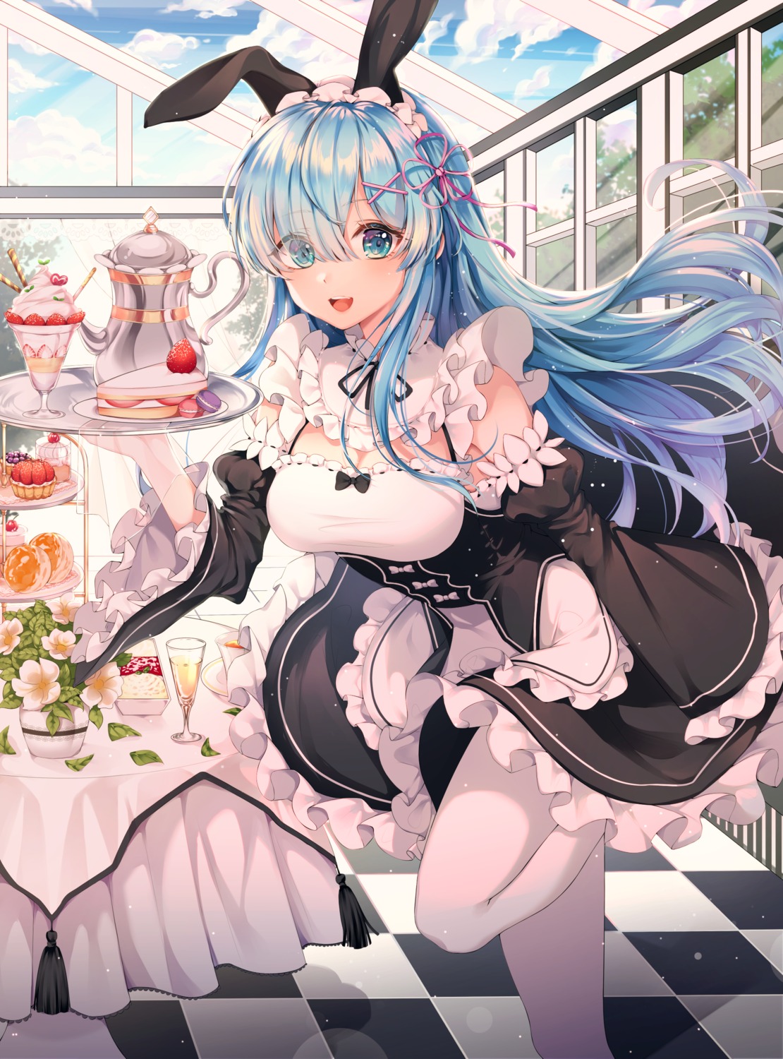 animal_ears bunny_ears cleavage maid pantyhose pruding re_zero_kara_hajimeru_isekai_seikatsu rem_(re_zero) skirt_lift