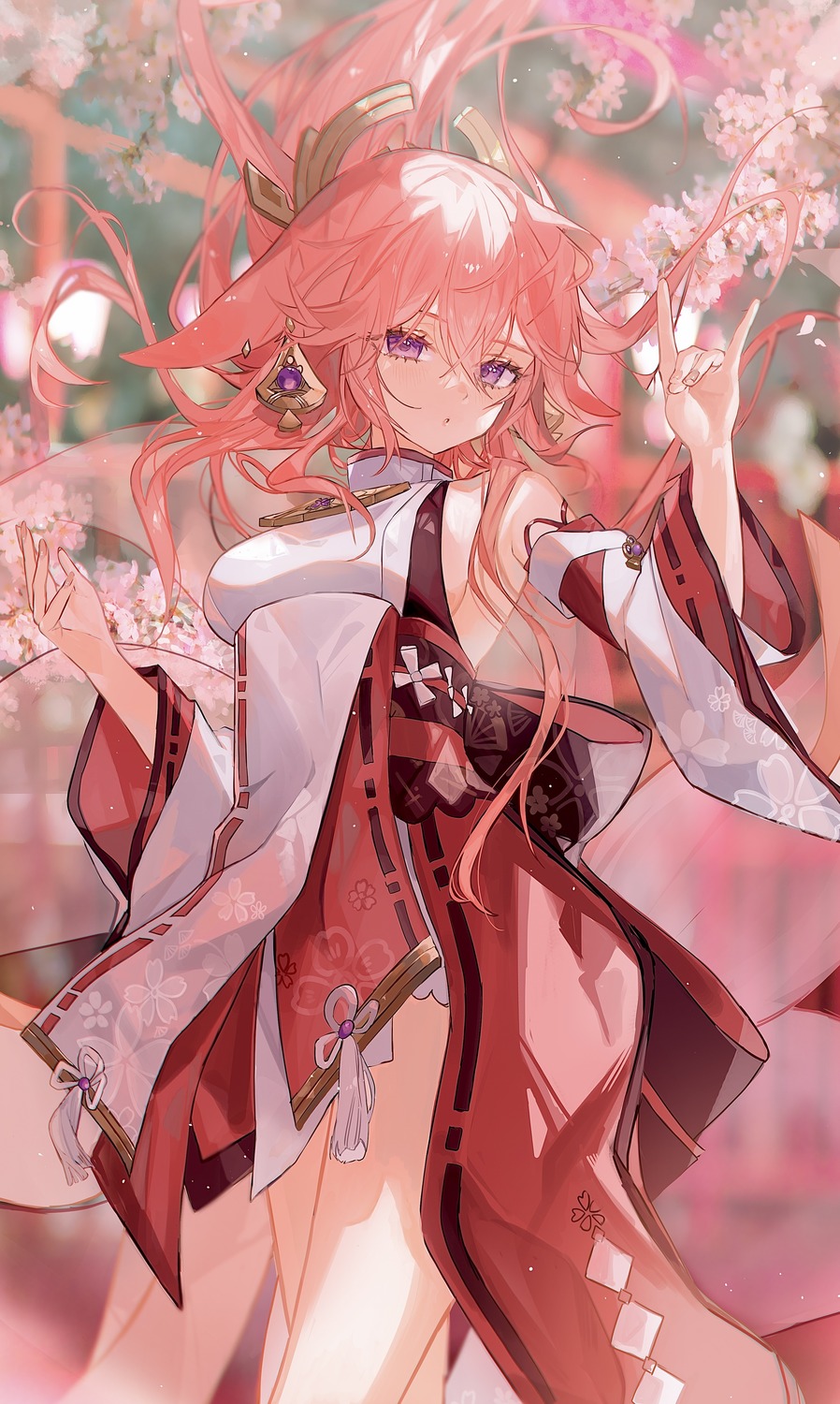 animal_ears genshin_impact japanese_clothes kitsune no_bra ullv yae_miko