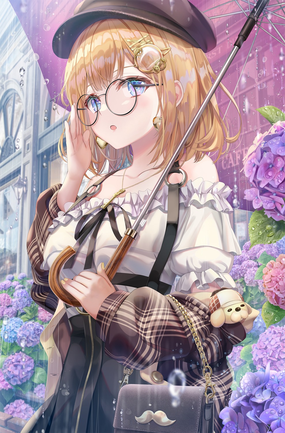 hololive hololive_english megane open_shirt torino_akua umbrella watson_amelia wet