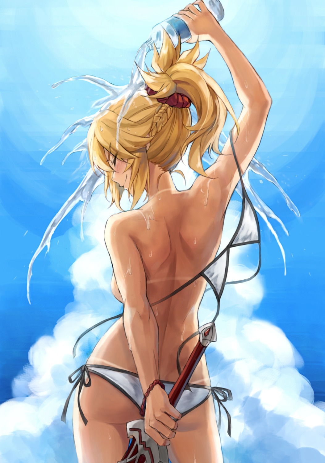 ass bikini fate/grand_order mordred_(fate) swimsuits sword tan_lines tonee topless wardrobe_malfunction wet