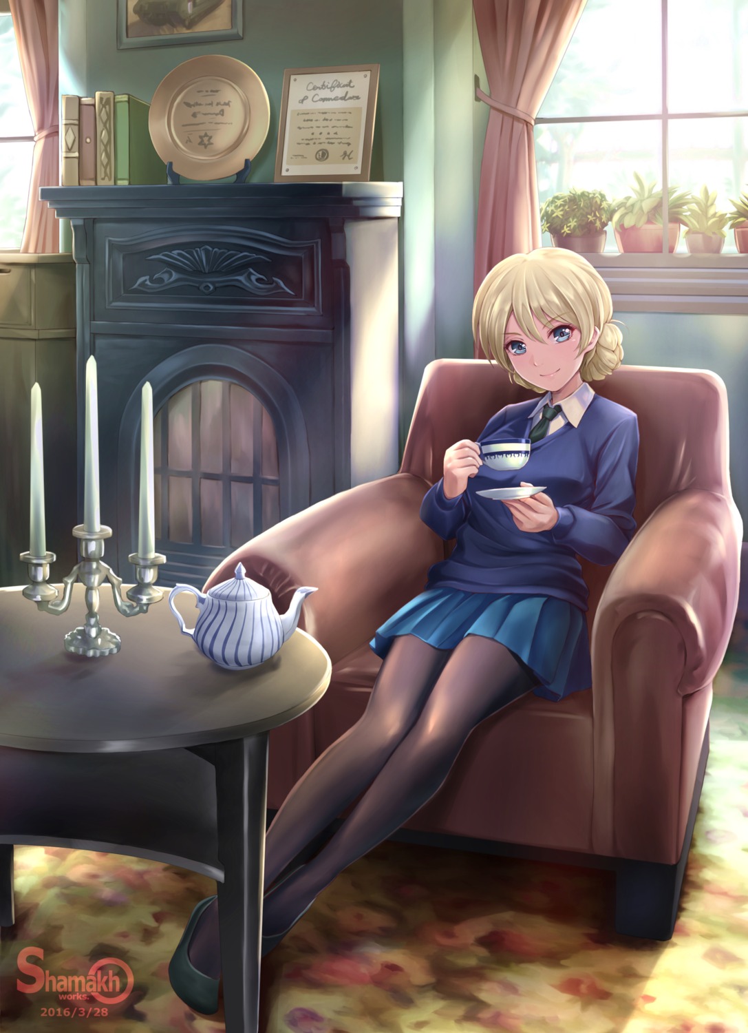 darjeeling girls_und_panzer official_watermark pantyhose seifuku shamakho sweater