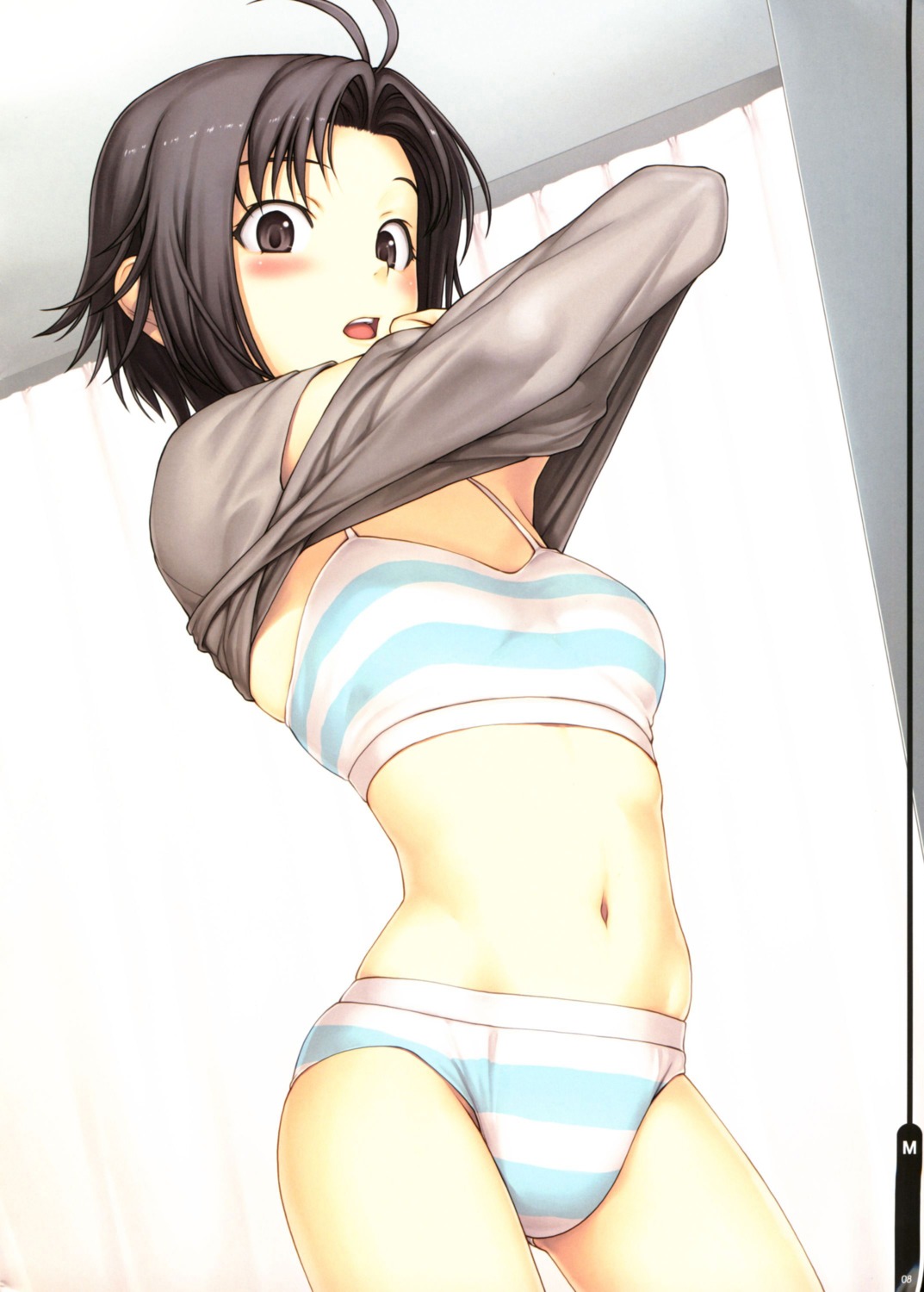 bra fomalhaut kikuchi_makoto pantsu shimapan shirt_lift tanaka_shoutarou the_idolm@ster undressing