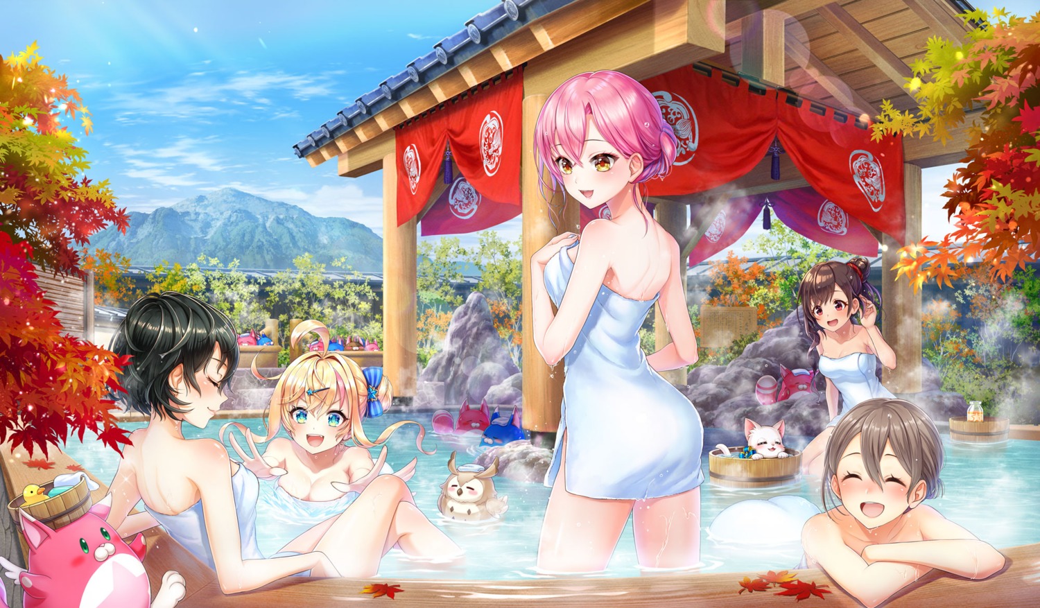 ass bathing breast_hold neko onsen shironeko_project tagme towel wet