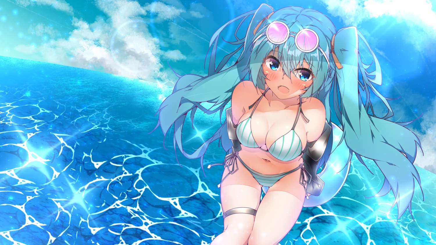 bikini cleavage garter harukawa_(hal501) hatsune_miku megane swimsuits vocaloid wallpaper wet