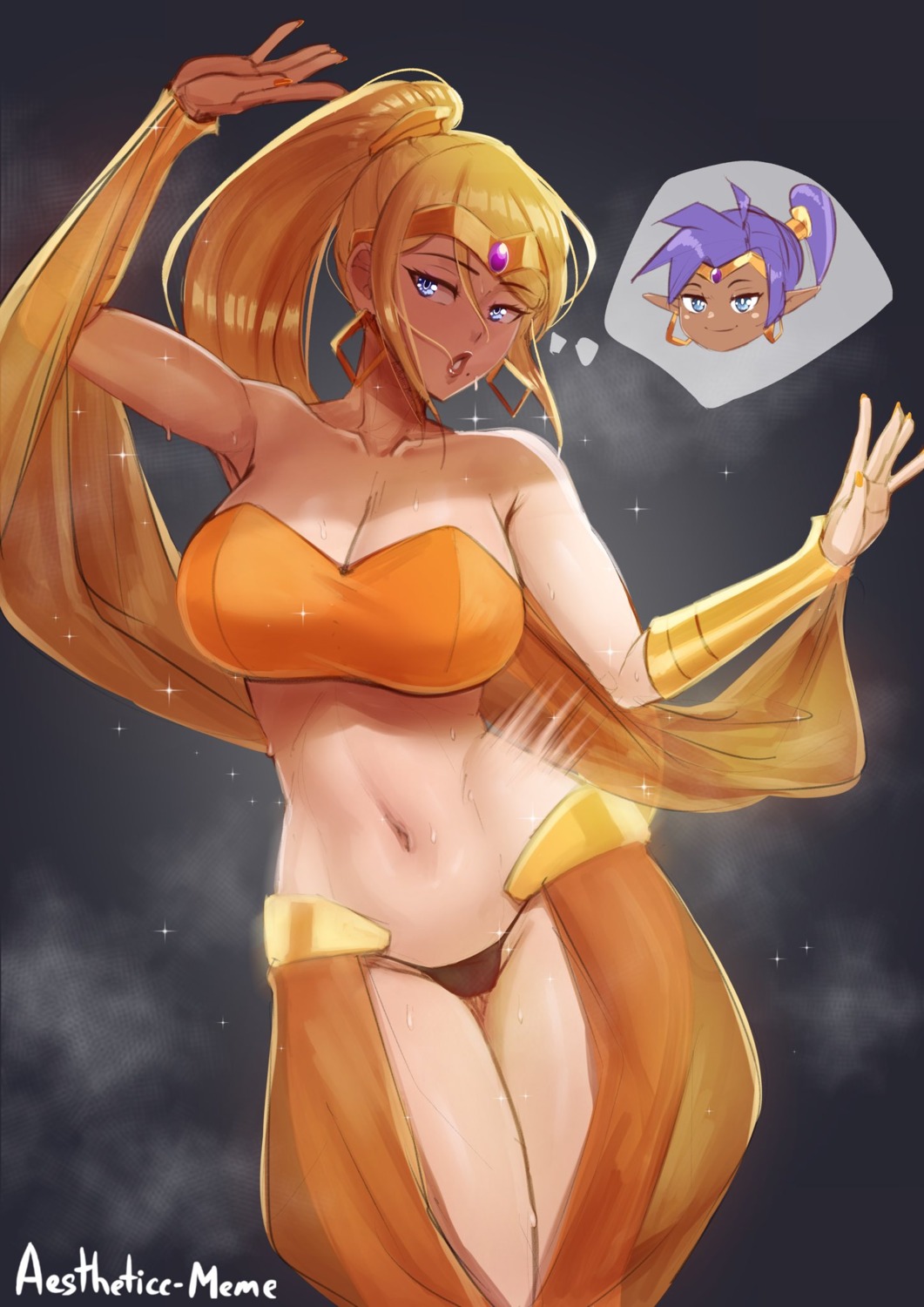 aestheticc-meme cleavage cosplay metroid no_bra pantsu pointy_ears samus_aran see_through shantae shantae_(character) wet