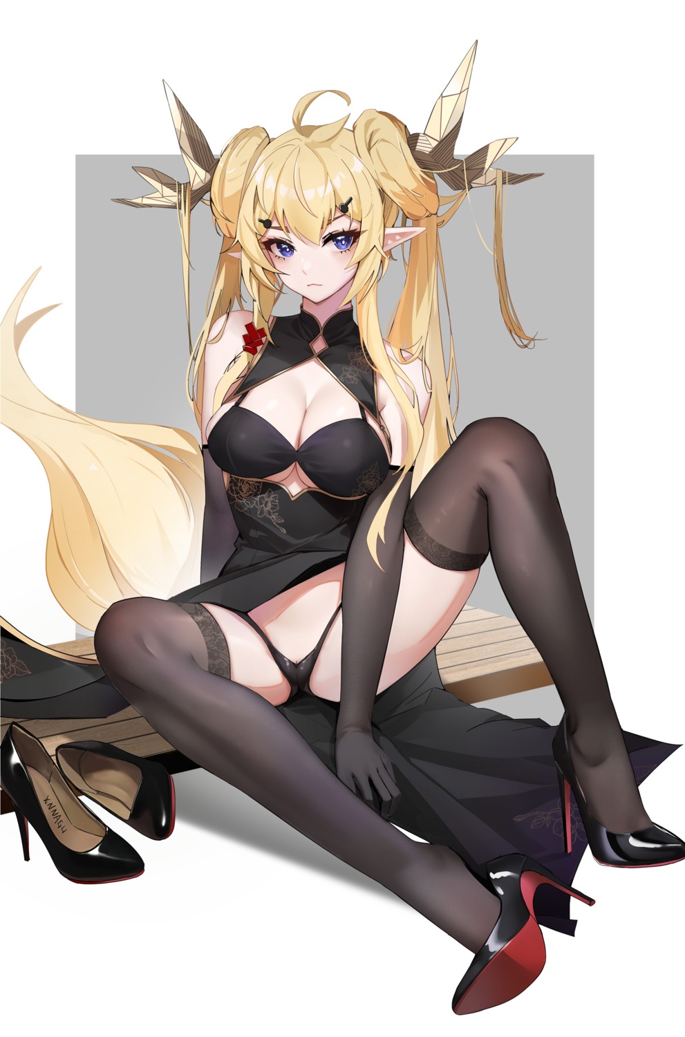 arknights bra chinadress heels horns leizi_(arknights) pantsu pointy_ears skirt_lift syngeloussier thighhighs thong