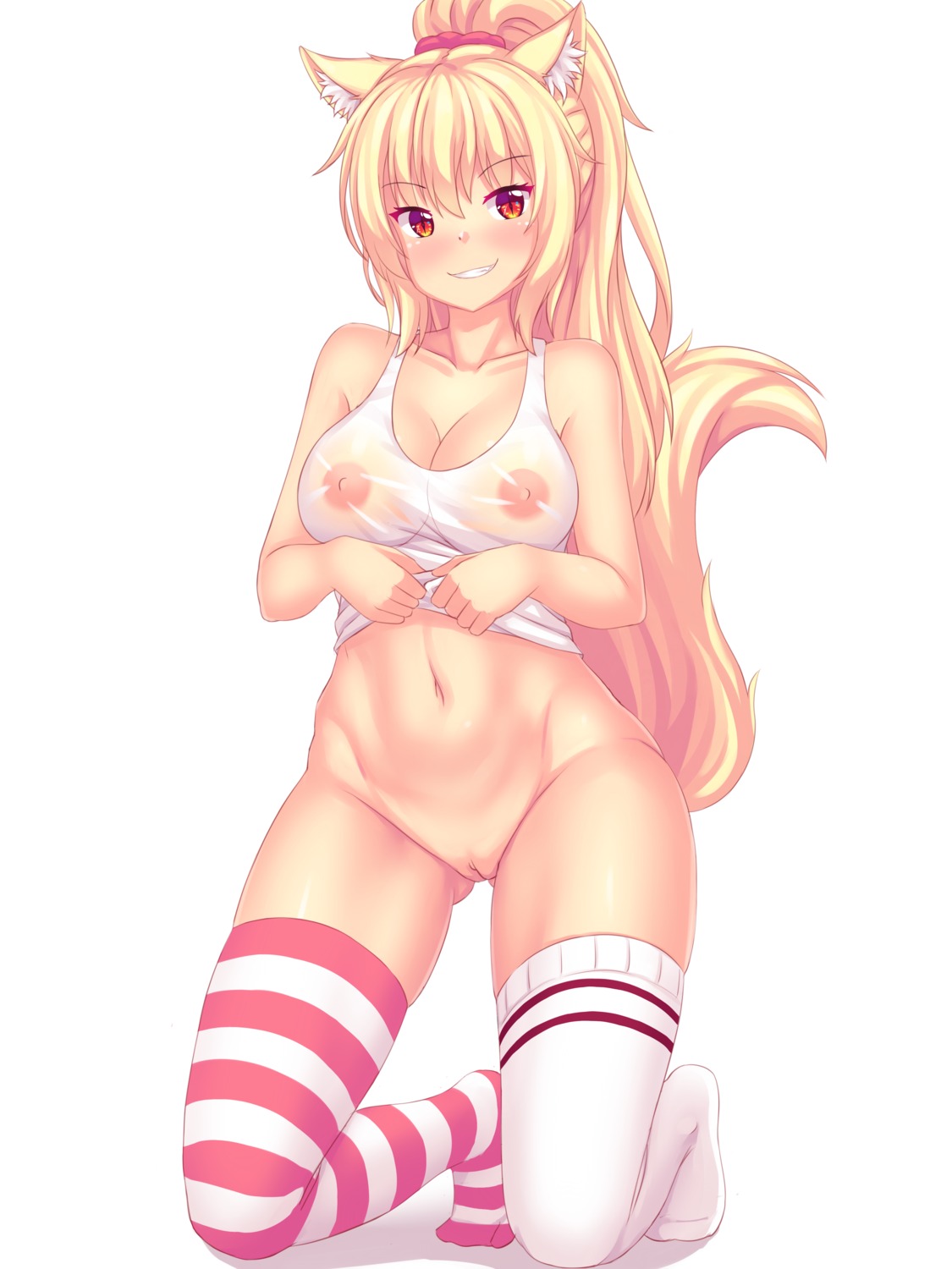 animal_ears bottomless fast-runner-2024 nipples no_bra pussy see_through shirt_lift tail thighhighs tiffy uncensored undressing