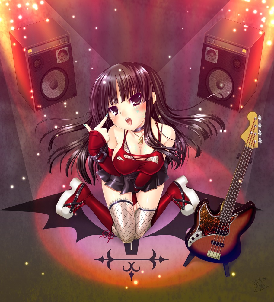 akiyama_mio alto_seneka cleavage erect_nipples guitar k-on! thighhighs