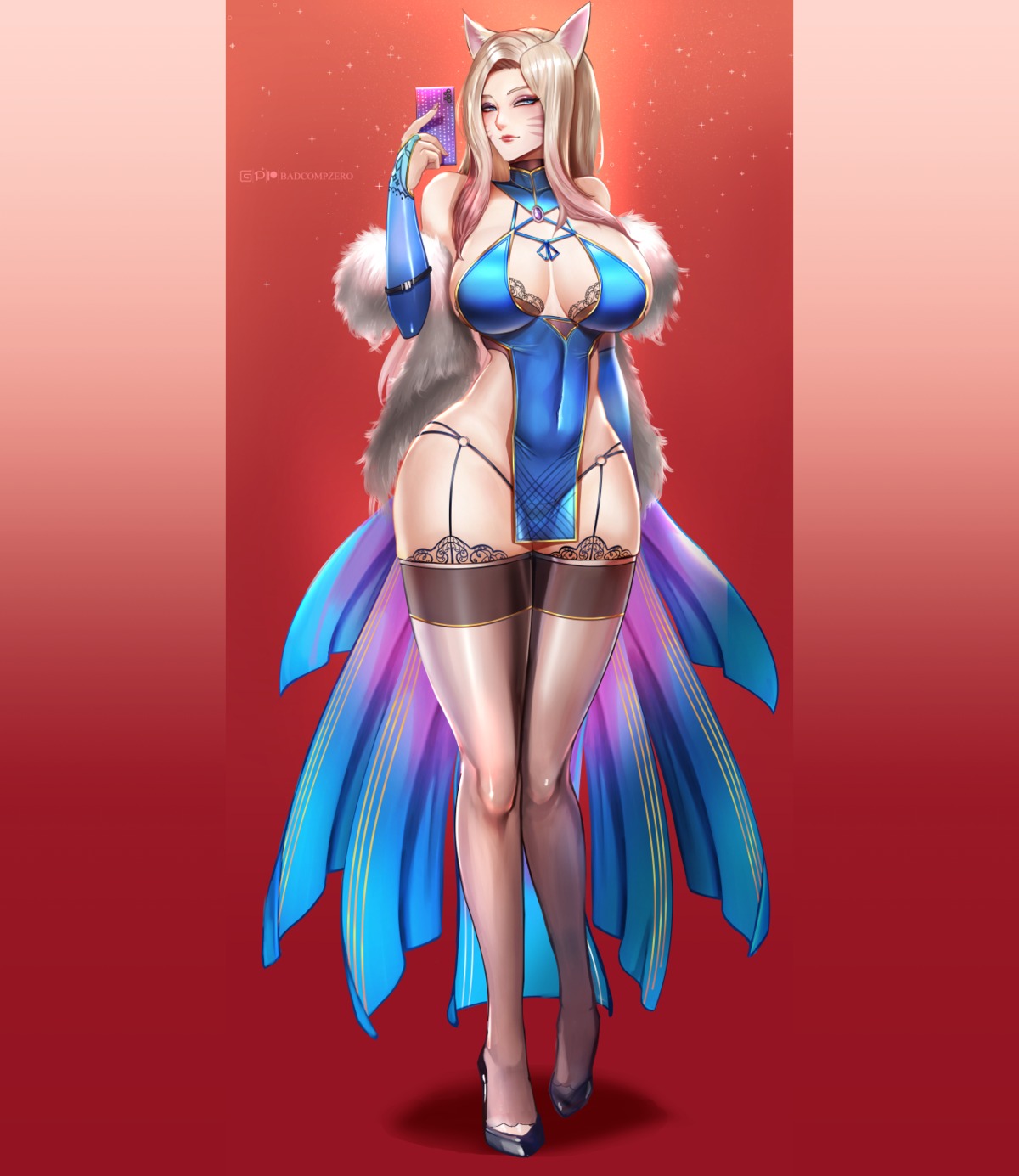 ahri animal_ears asian_clothes badcompzero cleavage kitsune league_of_legends no_bra pantsu stockings thighhighs