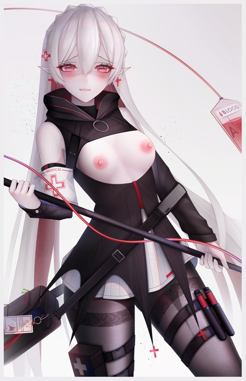 arknights breasts garter nipples no_bra open_shirt pantyhose pointy_ears warfarin_(arknights) weapon zhixue